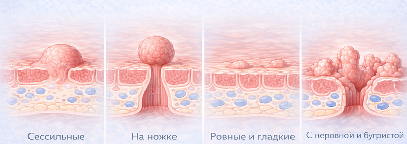 Типы роста полипов прямой кишки: сессильные, на ножке, ровные и гладкие, с неровной и бугристой поверхностью